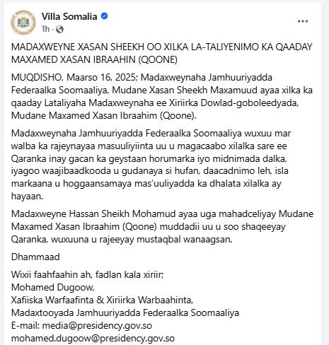MADAXWEYNE XASAN SHEEKH OO XILKA LA-TALIYENIMO KA QAADAY MAXAMED XASAN IBRAAHIN (QOONE)
